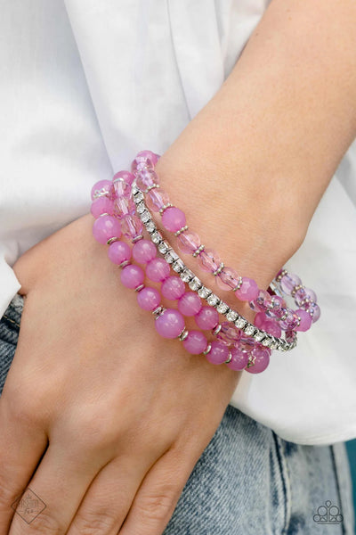 GARDEN THE INTERRUPTION - PURPLE BEAD WHITE RHINESTONE SILVER ACCENT STRETCHY BRACELETS - PAPARAZZI - FASHION FIX MARCH 2023