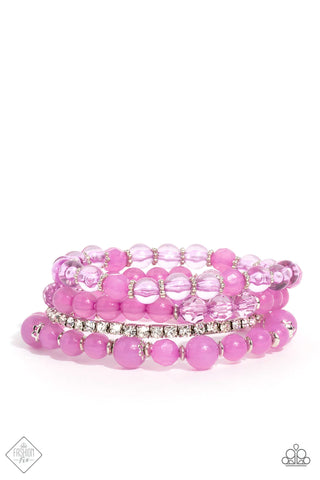 GARDEN THE INTERRUPTION - PURPLE BEAD WHITE RHINESTONE SILVER ACCENT STRETCHY BRACELETS - PAPARAZZI - FASHION FIX MARCH 2023