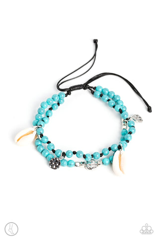 BUY AND SHELL - BLUE BEAD BLACK CORD SHELL BEACHY ANKLET - PAPARAZZI