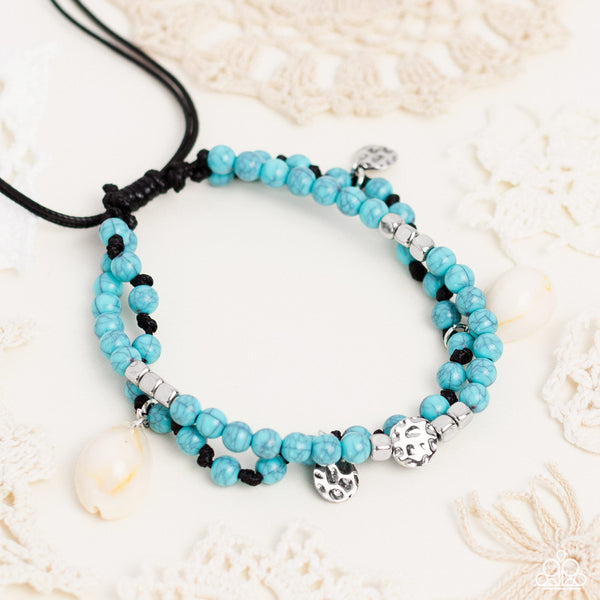 BUY AND SHELL - BLUE BEAD BLACK CORD SHELL BEACHY ANKLET - PAPARAZZI