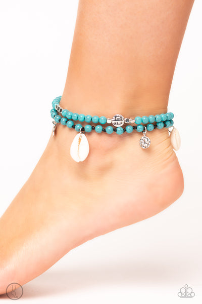 BUY AND SHELL - BLUE BEAD BLACK CORD SHELL BEACHY ANKLET - PAPARAZZI