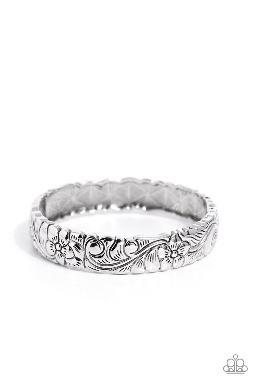 GROUNDED GRACE - SILVER FLORAL PATTERN HINGED BRACELET - PAPARAZZI