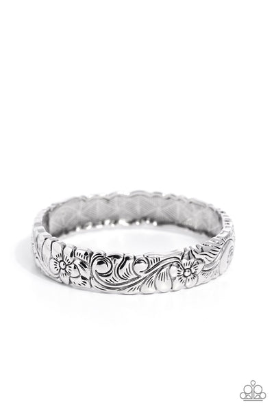GROUNDED GRACE - SILVER FLORAL PATTERN HINGED BRACELET - PAPARAZZI