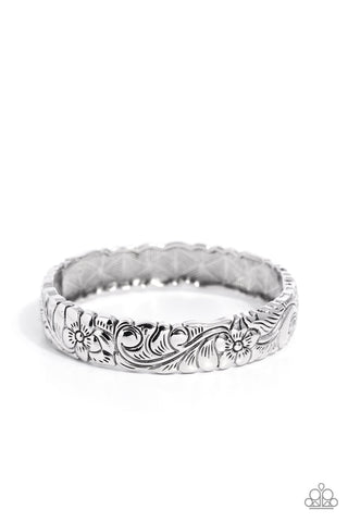 GROUNDED GRACE - SILVER FLORAL PATTERN HINGED BRACELET - PAPARAZZI