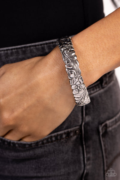 GROUNDED GRACE - SILVER FLORAL PATTERN HINGED BRACELET - PAPARAZZI