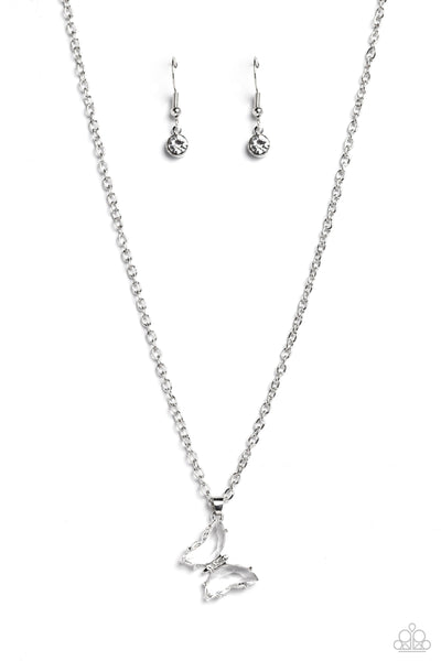BUTTERFLY LULLABY - WHITE GEM SILVER SHORT NECKLACE - PAPARAZZI