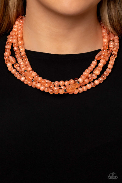 LAYERED LASS - ORANGE AND SILVER BEAD LAYERED SHORT NECKLACE - PAPARAZZI