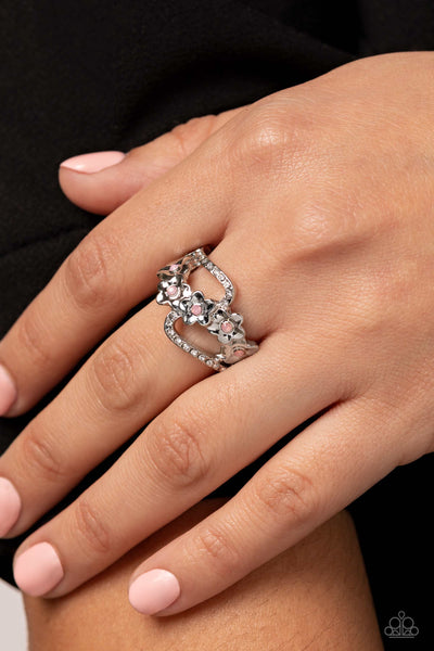 CAPTIVATING CORSAGE - PINK OPALESCENT RHINESTONE SILVER FLOWER RING - PAPARAZZI