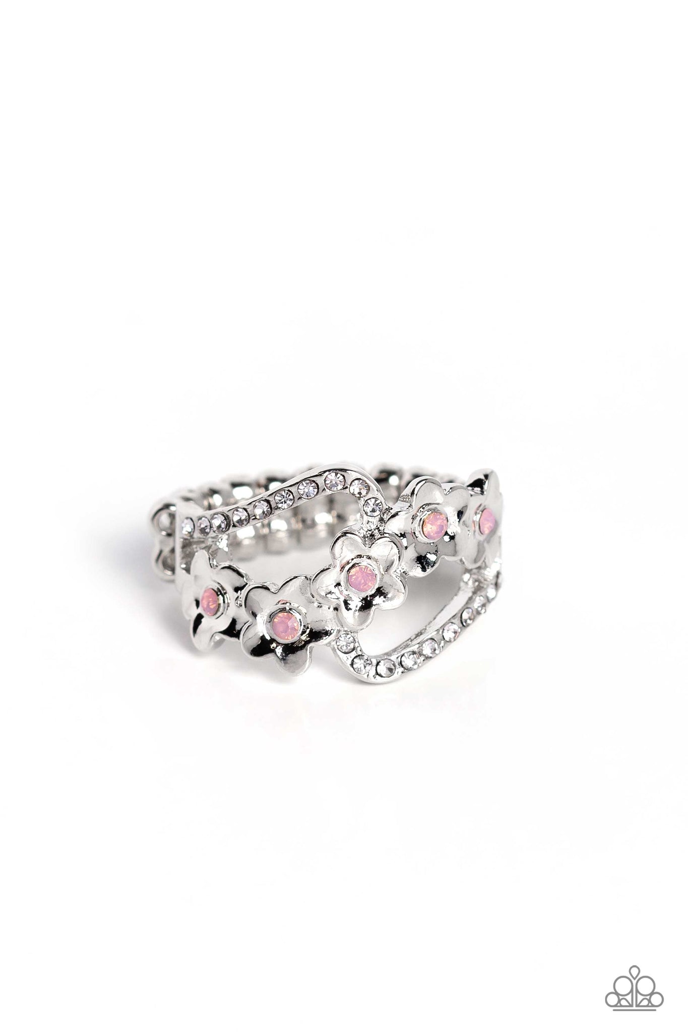 CAPTIVATING CORSAGE - PINK OPALESCENT RHINESTONE SILVER FLOWER RING - PAPARAZZI