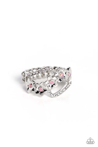 CAPTIVATING CORSAGE - PINK OPALESCENT RHINESTONE SILVER FLOWER RING - PAPARAZZI
