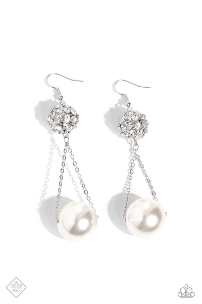 BALLERINA BALANCE - WHITE PEARL SILVER EARRINGS - PAPARAZZI - FASHION FIX APRIL 2023