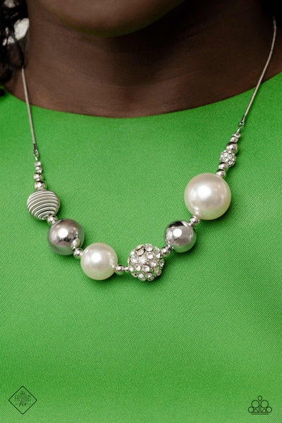CALIBER CHOREOGRAPHER - WHITE PEARL RHINESTONE SILVER NECKLACE - PAPARAZZI - FASHION FIX APRIL 2023