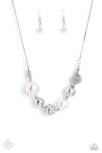 CALIBER CHOREOGRAPHER - WHITE PEARL RHINESTONE SILVER NECKLACE - PAPARAZZI - FASHION FIX APRIL 2023