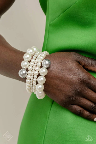 PLEASING PIROUETTE - WHITE PEARL SILVER COIL BRACELET - PAPARAZZI - FASHION FIX APRIL 2023