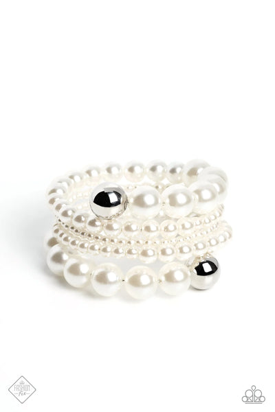 PLEASING PIROUETTE - WHITE PEARL SILVER COIL BRACELET - PAPARAZZI - FASHION FIX APRIL 2023