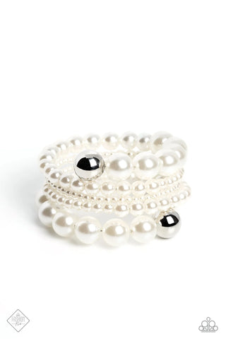 PLEASING PIROUETTE - WHITE PEARL SILVER COIL BRACELET - PAPARAZZI - FASHION FIX APRIL 2023