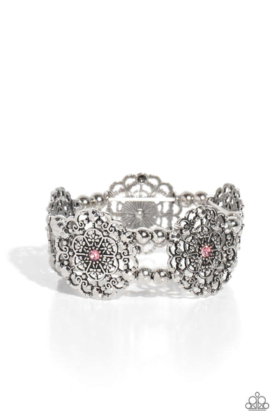 ORNAMENTAL OCCASION - PINK RHINESTONE SILVER STRETCHY BRACELET - PAPARAZZI