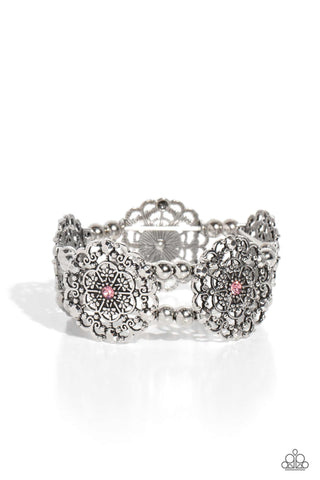 ORNAMENTAL OCCASION - PINK RHINESTONE SILVER STRETCHY BRACELET - PAPARAZZI