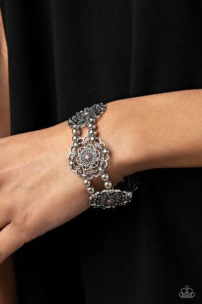 ORNAMENTAL OCCASION - PINK RHINESTONE SILVER STRETCHY BRACELET - PAPARAZZI