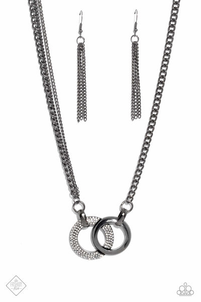 PHENOMENAL POWERHOUSE - BLACK GUNMETAL WHITE RHINESTONE CIRCLE NECKLACE - PAPARAZZI FASHION FIX FEBRUARY 2023