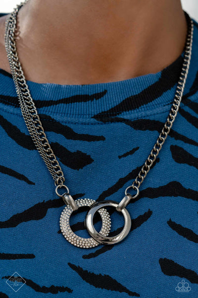 PHENOMENAL POWERHOUSE - BLACK GUNMETAL WHITE RHINESTONE CIRCLE NECKLACE - PAPARAZZI FASHION FIX FEBRUARY 2023