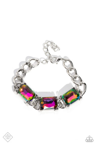 DAZZLING DEBUT - MULTI OIL SPILL GEM SILVER THICK CHAIN BRACELET - PAPARAZZI JUNE 2023 Regular price