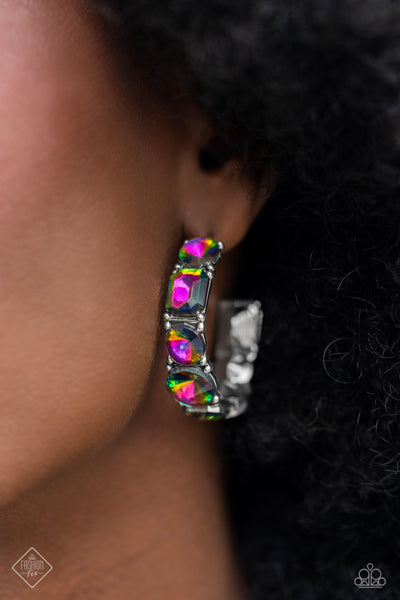 BLAZING BOW - MULTI OIL SPILL GEM SILVER HOOP EARRINGS - PAPARAZZI JUNE 2023