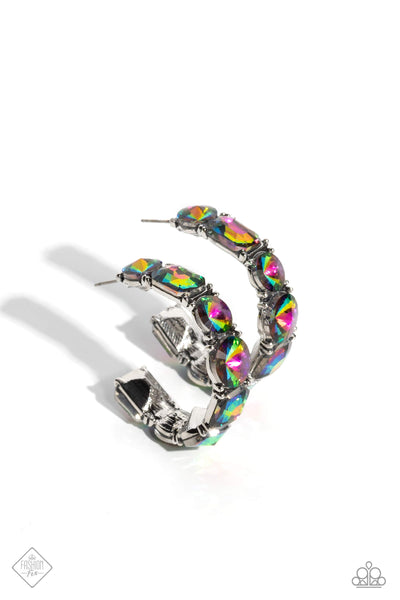 BLAZING BOW - MULTI OIL SPILL GEM SILVER HOOP EARRINGS - PAPARAZZI JUNE 2023