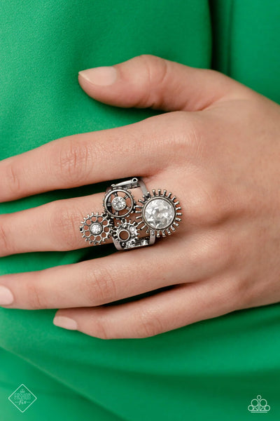 BLOWING OFF STEAMPUNK - WHITE RHINESTONE SILVER RING - PAPARAZZI - FASHION FIX APRIL 2023