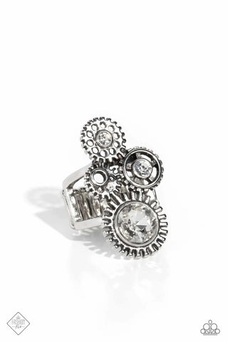 BLOWING OFF STEAMPUNK - WHITE RHINESTONE SILVER RING - PAPARAZZI - FASHION FIX APRIL 2023
