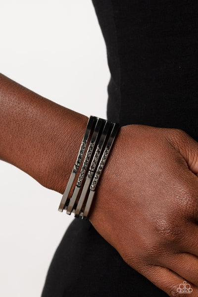 LABYRINTH LURE - BLACK GUNMETAL HEMATITE RHINESTONE HINGED BRACELET - PAPARAZZI