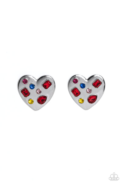 RELATIONSHIP READY - RED PINK YELLOW BLUE RHINESTONE SILVER HEART POST EARRINGS - PAPARAZZI