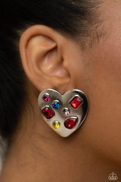 RELATIONSHIP READY - RED PINK YELLOW BLUE RHINESTONE SILVER HEART POST EARRINGS - PAPARAZZI