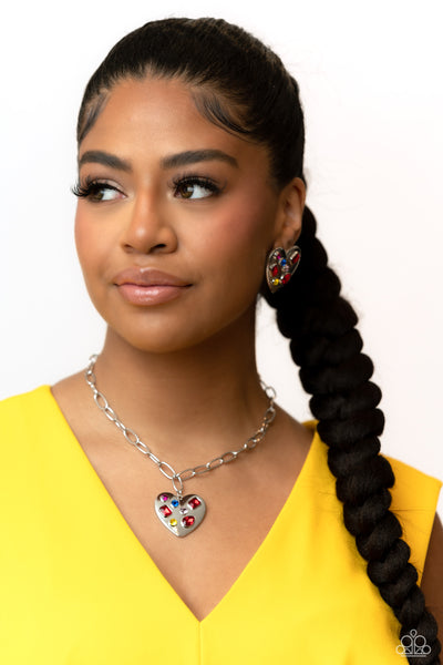 RELATIONSHIP READY - RED PINK YELLOW BLUE RHINESTONE SILVER HEART POST EARRINGS - PAPARAZZI