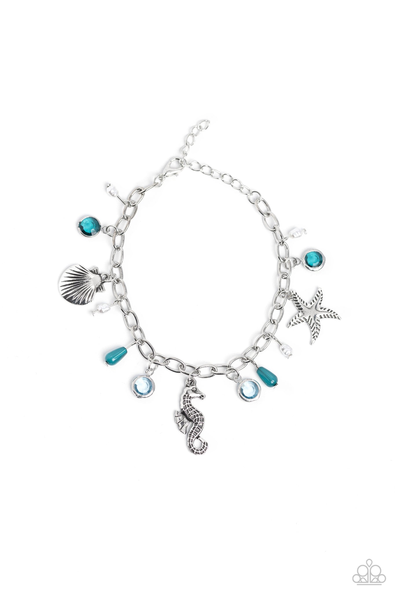 SEAHORSE SERENADE - BLUE PEARL SILVER CHARM BEACHY BRACELET - PAPARAZZI