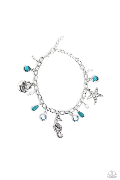SEAHORSE SERENADE - BLUE PEARL SILVER CHARM BEACHY BRACELET - PAPARAZZI