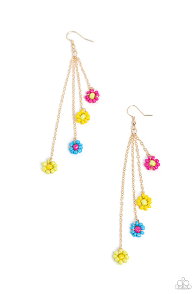 COLOR ME WHIMSICAL - MULTI COLOR SEED BEAD FLOWER GOLD CHAIN EARRINGS - PAPARAZZI