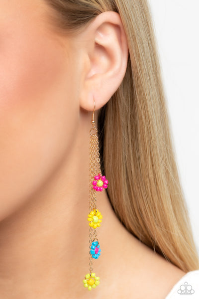COLOR ME WHIMSICAL - MULTI COLOR SEED BEAD FLOWER GOLD CHAIN EARRINGS - PAPARAZZI