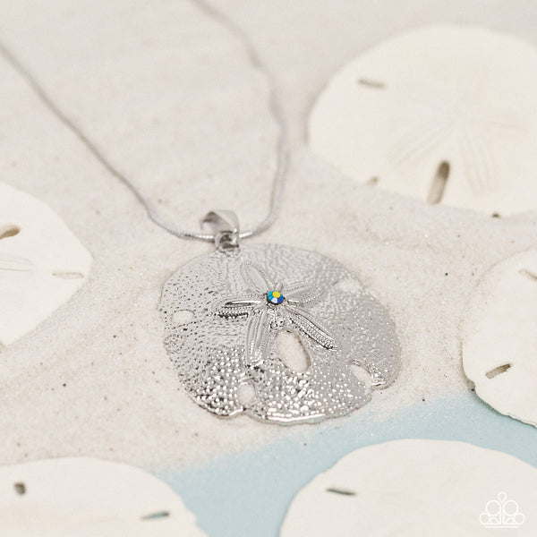SEIZE THE SAND DOLLAR - GREEN IRIDESCENT GEM SILVER NECKLACE - PAPARAZZI