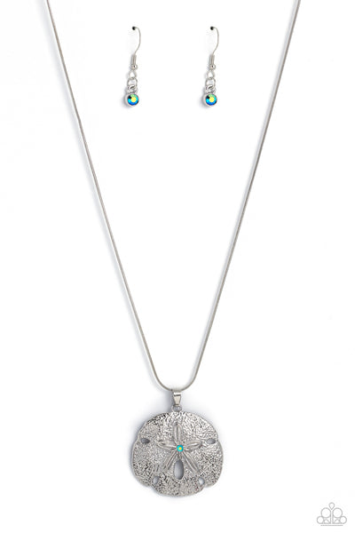 SEIZE THE SAND DOLLAR - GREEN IRIDESCENT GEM SILVER NECKLACE - PAPARAZZI