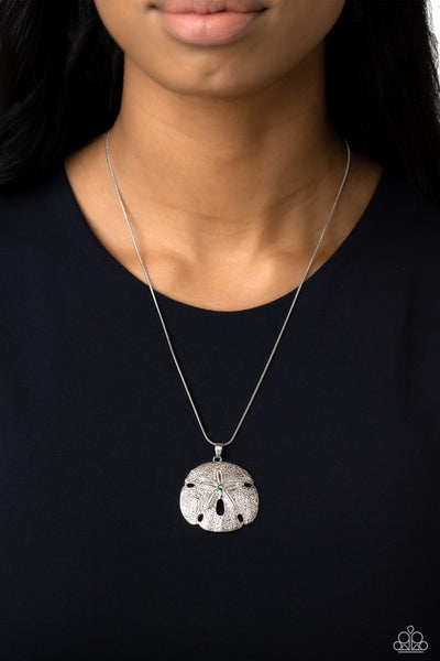 SEIZE THE SAND DOLLAR - GREEN IRIDESCENT GEM SILVER NECKLACE - PAPARAZZI