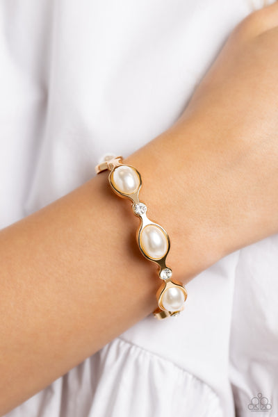 ARE YOU GONNA BE MY PEARL? - GOLD FRAME WHITE PEARL HINGED BRACELET - PAPARAZZI