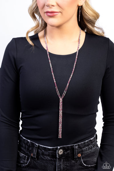 JAZZ STRANDS - PINK RHINESTONE TASSEL SILVER LONG NECKLACE - PAPARAZZI