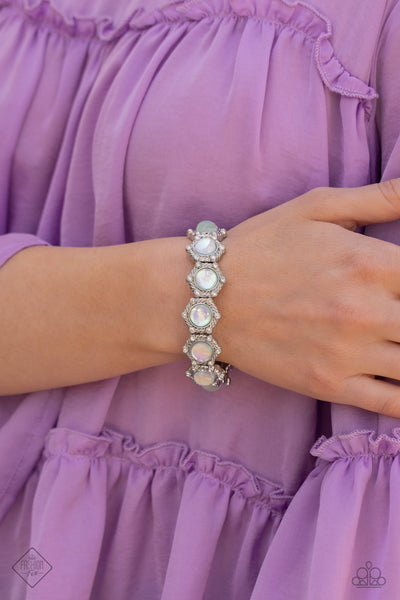 SUMMER STUPOR - GREEN GLASSY BEAD RHINESTONE SILVER STRETCHY BRACELET - PAPARAZZI - FASHION FIX JULY 2023