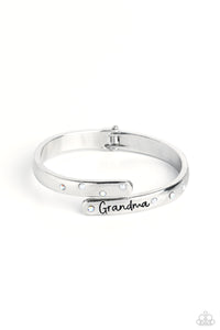 GORGEOUS GRANDMA - WHITE AND IRIDESCENT RHINESTONE SILVER HINGED BRACELET - PAPARAZZI