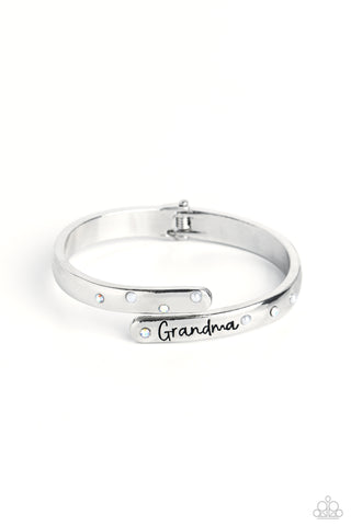 GORGEOUS GRANDMA - WHITE AND IRIDESCENT RHINESTONE SILVER HINGED BRACELET - PAPARAZZI