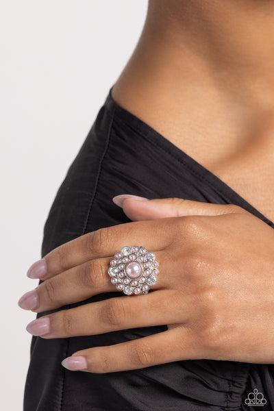 GATSBY GAIT - PINK PEARL RHINESTONE SILVER RING - PAPARAZZI