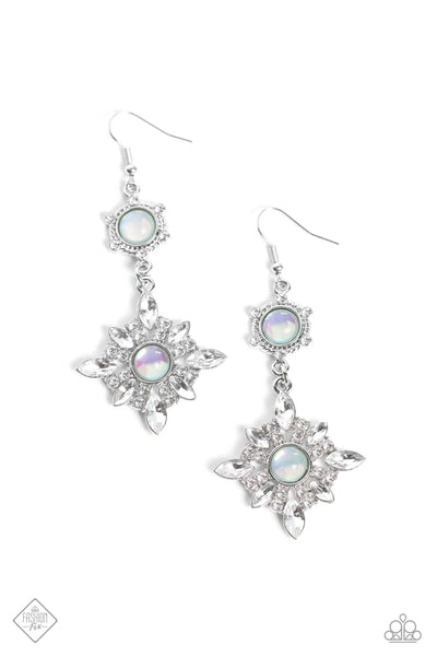 SUMMER DAZE - GREEN GLASSY BEAD SILVER FLORAL EARRINGS - PAPARAZZI JULY 2023