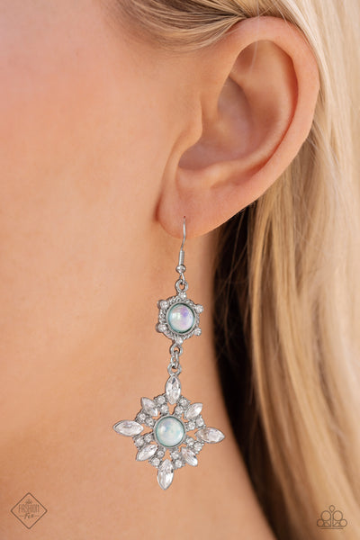 SUMMER DAZE - GREEN GLASSY BEAD SILVER FLORAL EARRINGS - PAPARAZZI JULY 2023