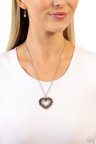 FLIRT NO MORE - SILVER SMOKY GEM HEART LONG NECKLACE - PAPARAZZI